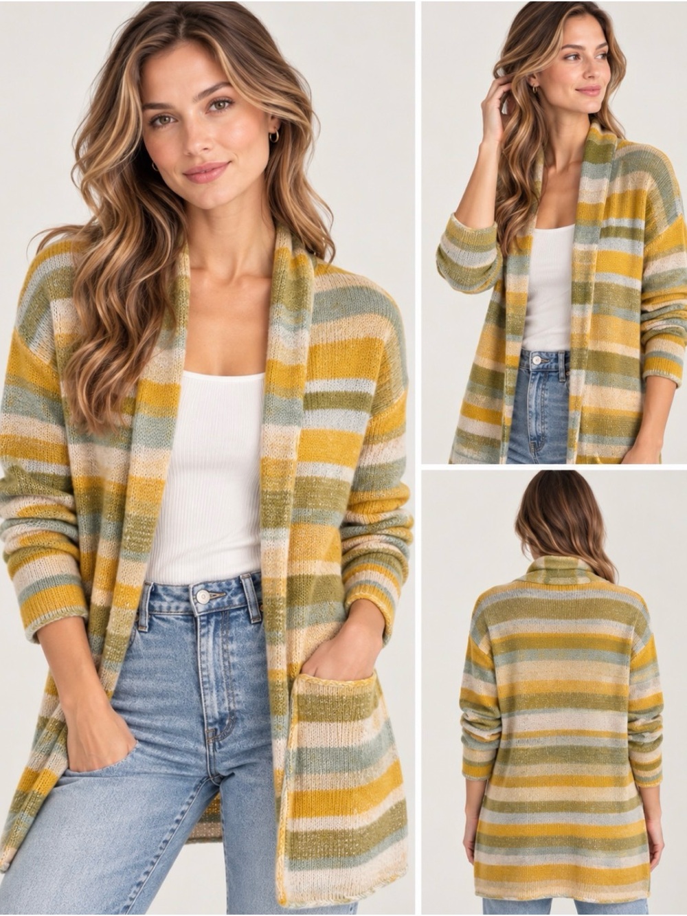 The Elder Statesman 100% Cashmere Striped Open Front Cardigan L